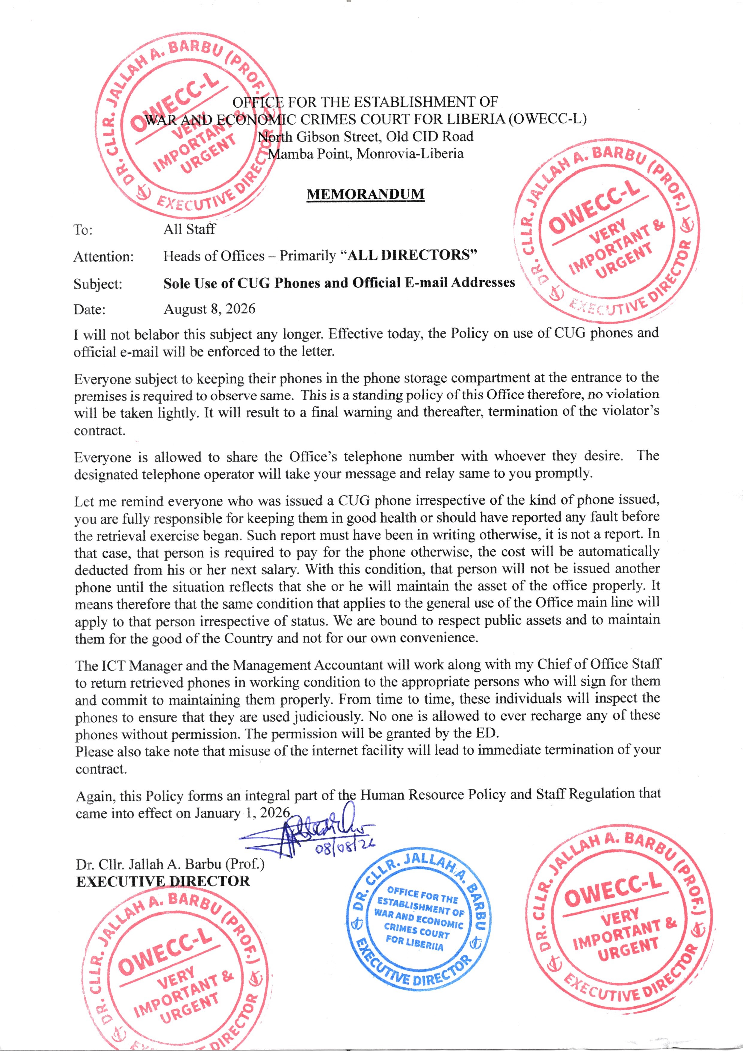 Memo - Sole Use of CUG & Official Office Email