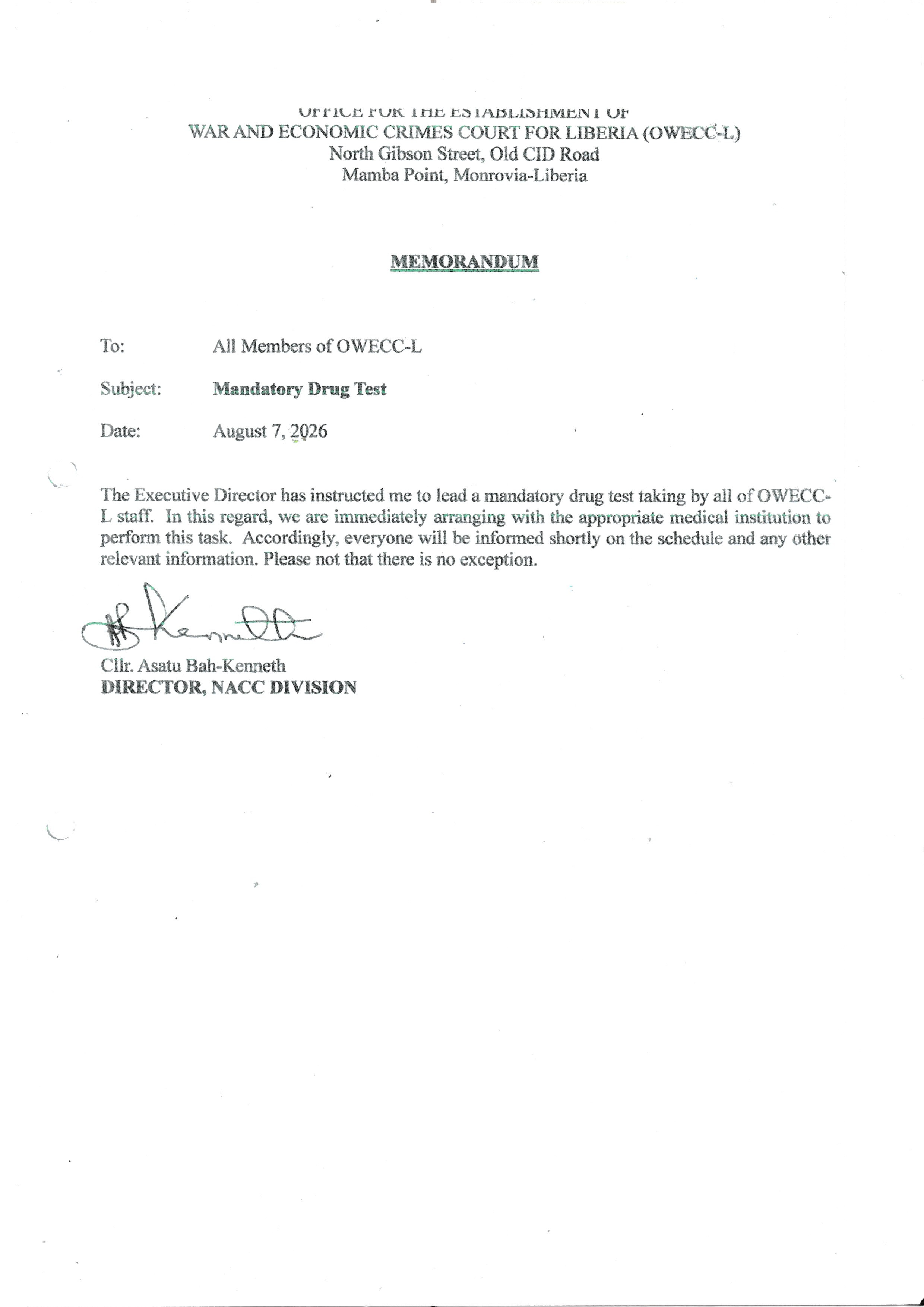 Memo - Mandatory Drug Test